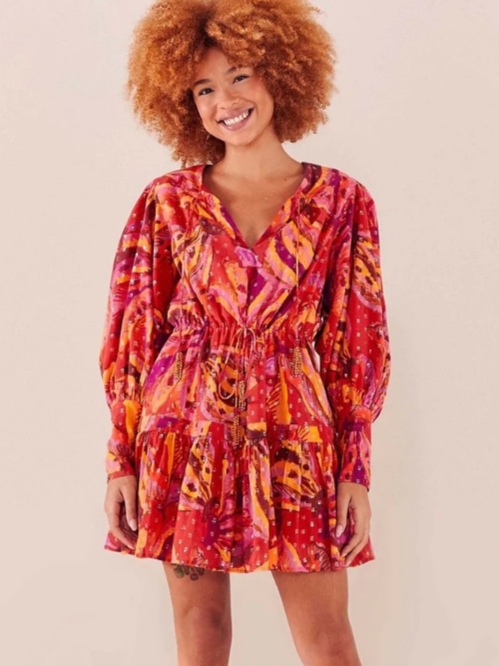 FARM Rio Banana Juice Mini Dress Beaded Tassels Cotton Tropical Red Size L